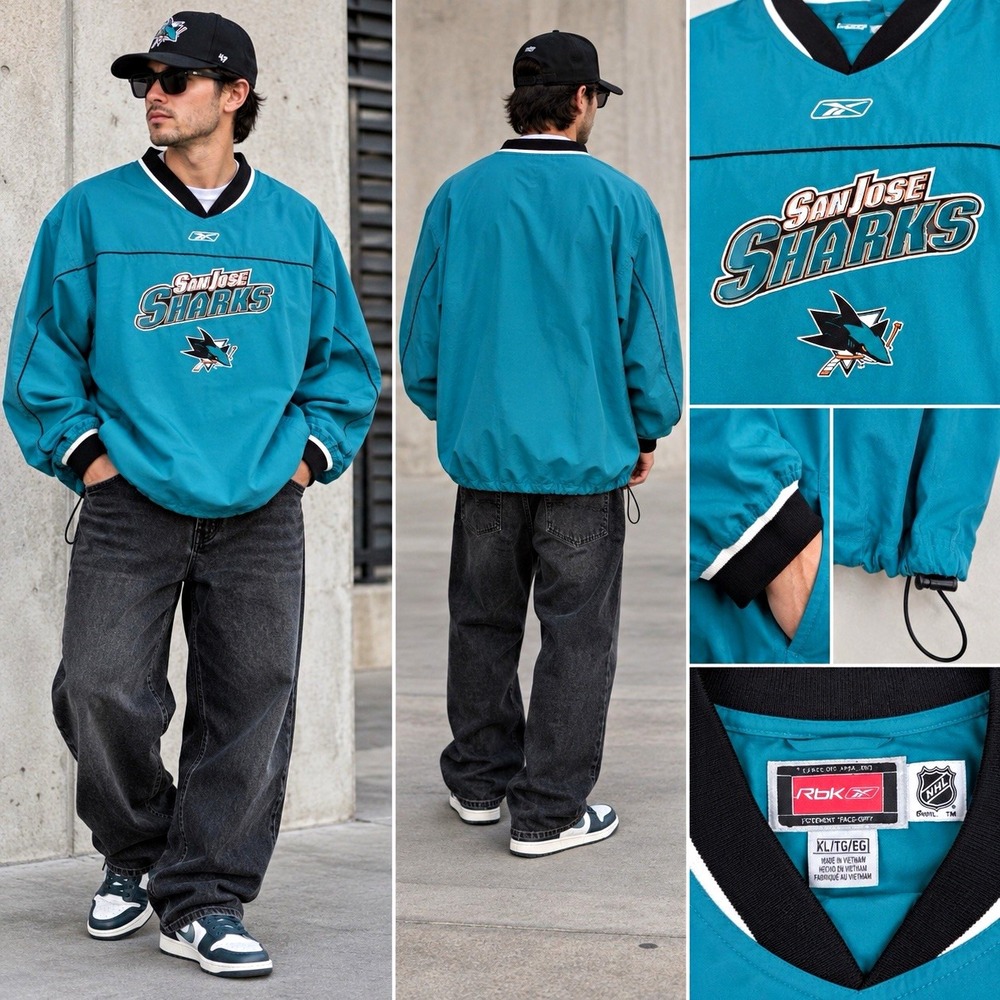 Y2K RARE San Jose Sharks Reebok NHL Face Off Pullover Windbreaker Teal Mens XL